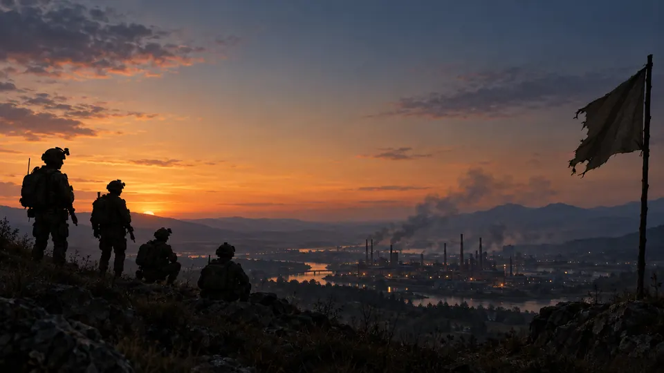 Concept art: a squad silhouetted on a ridge at dusk, looking over an industrial valley.