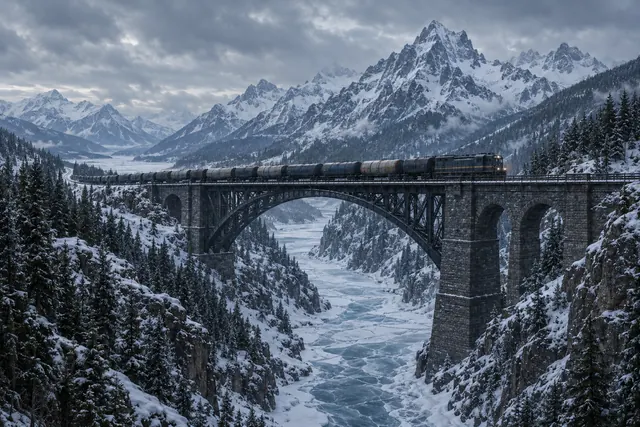 Concept art: a freight train crossing a high rail bridge over a frozen mountain gorge.