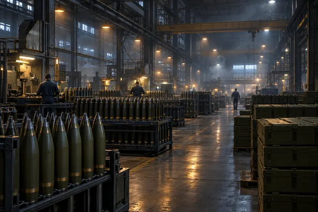 Concept art: rows of artillery shells and ammunition crates inside a munitions factory.