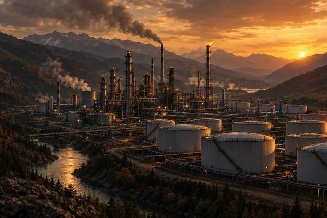 Concept art: an oil refinery and fuel storage tanks in a mountain valley at sunset.
